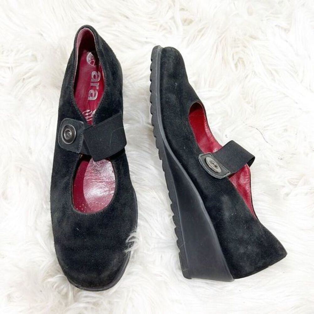 Ara Black Suede Leather Mary Jane Wedge shoes sz 7